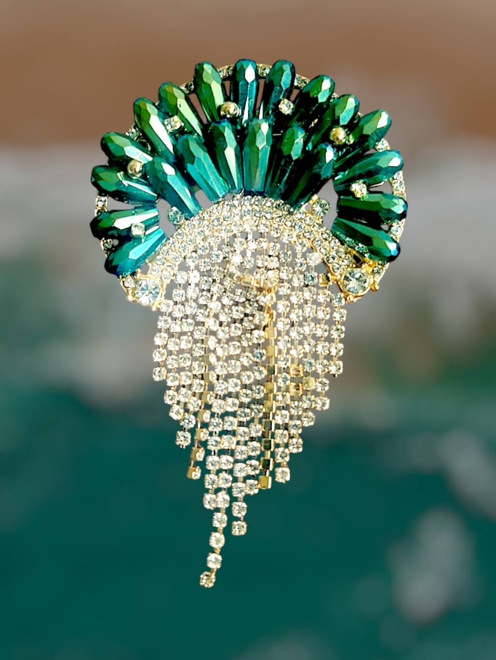Green Crystal Fringe Statement Brooch
